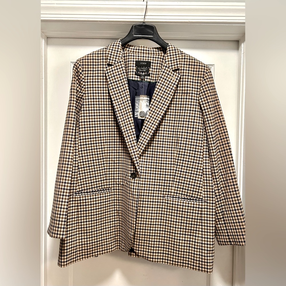 J Crew Alfie Blazer Honey Plaid Brown Italian Wool Collared Sz 24 / 3X Women's